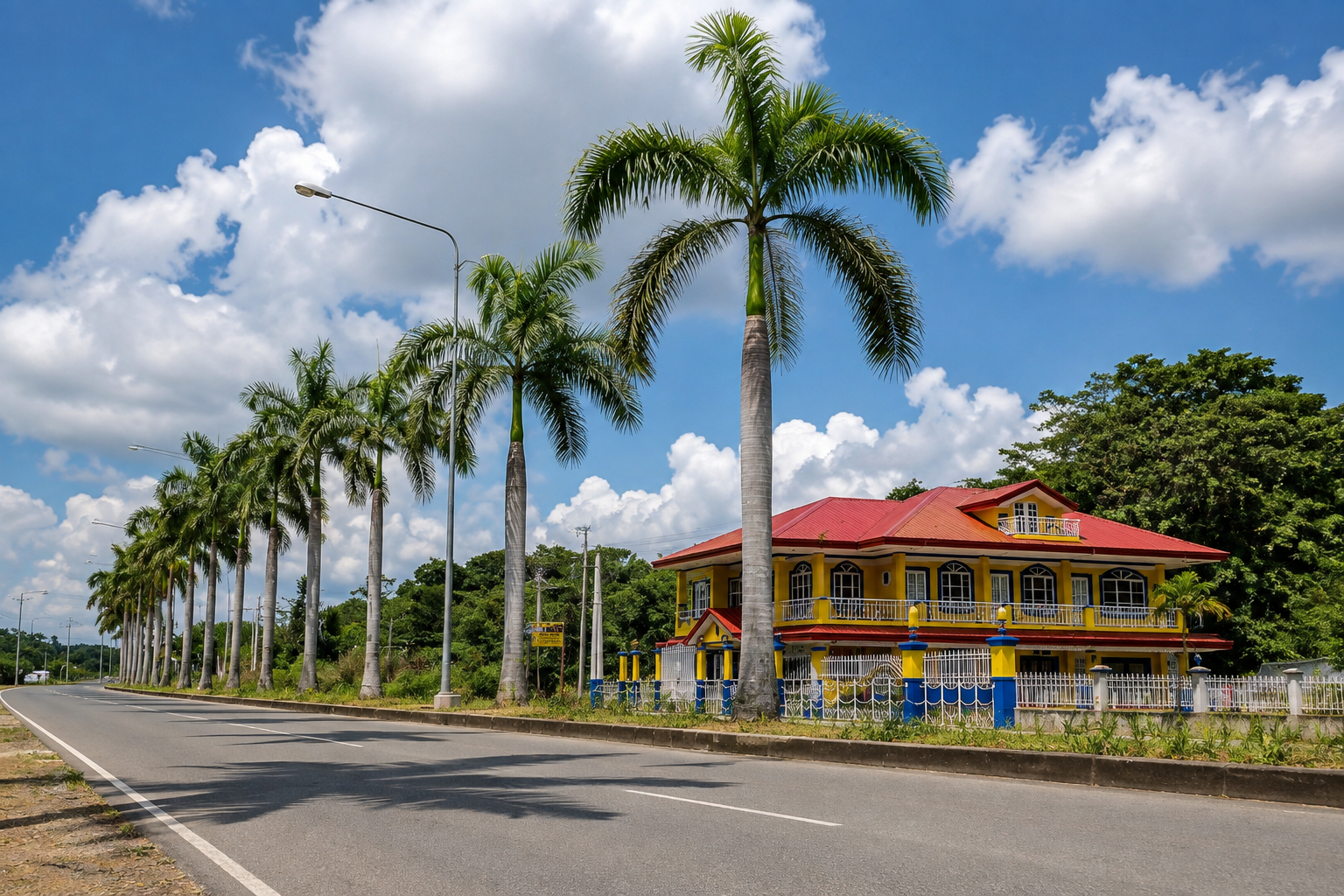Pecan Pension House & Café, a bright yellow and blue building beside the palm-lined highway near Iloilo International Airport